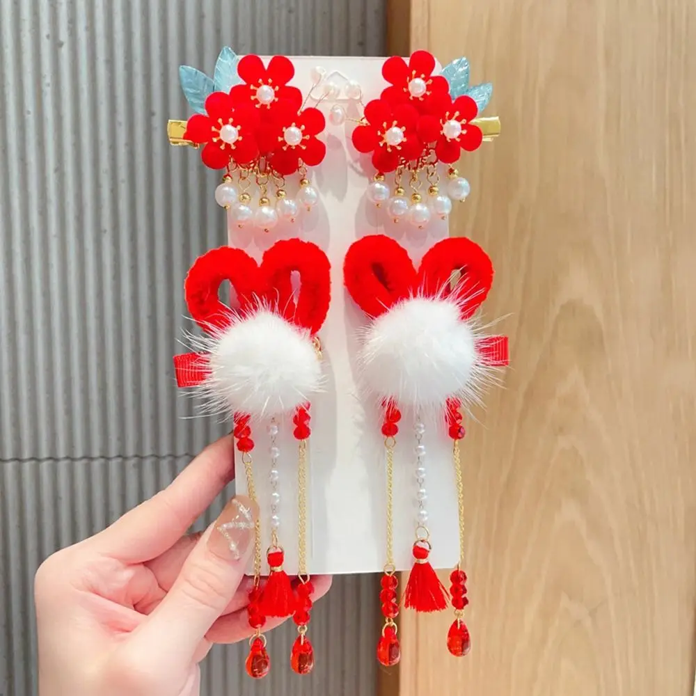 1Pair New Year Children Bow Rabbit Hair Accessories Girl Fake Braid Tassel Hair Clip Red Color Costume Accessories Sweet Hairpin