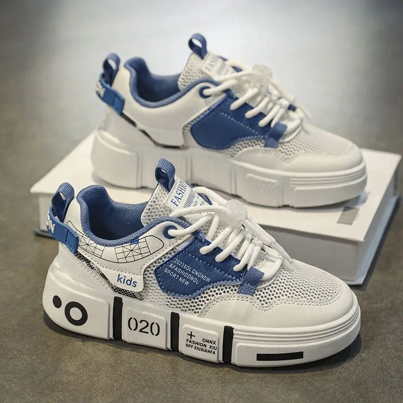 Boys Summer Breathable Lightweight Mesh White Skate Shoes for Middle Kids