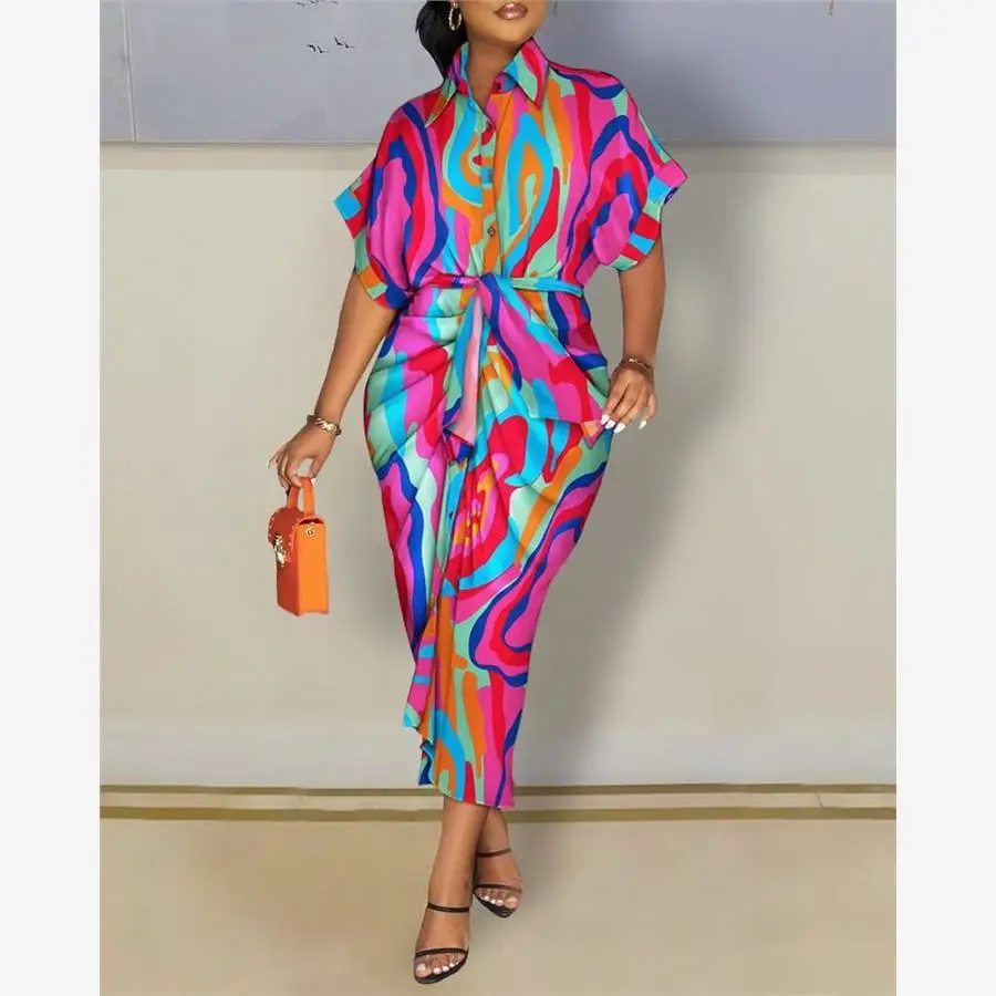 المرأة طويلة Sve V-ne مطبوعة irt Dr Street Sle القطن الكتان الصيف Dr H-aped ex العادية Sve طول