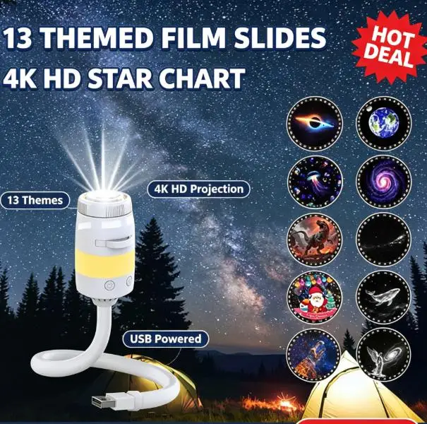 Flexible Gooseneck Starry Sky Projector Night Light 4K HD 13 Themes Slides Galaxy Nebula Projection Lamp USB Powered 360°