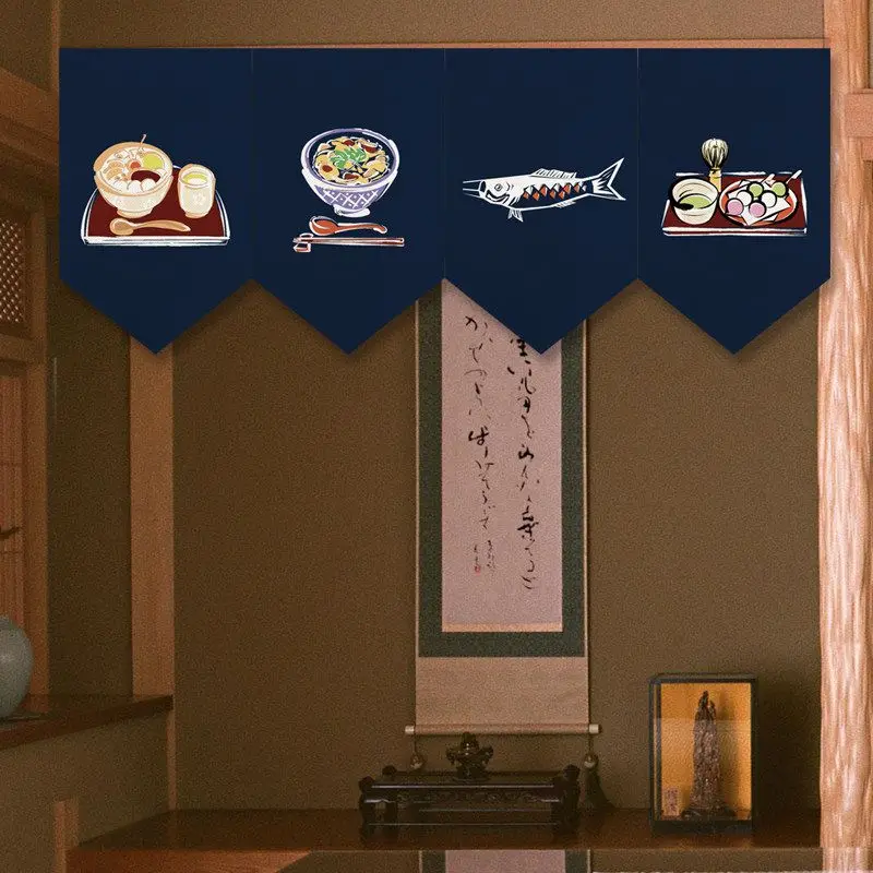 VIKAMA Navy Japanese Food Triangle Bunting Curtain, Ramen Bowl & Fresh Fish Print Pennant Garland for Sushi Bar Home Decor
