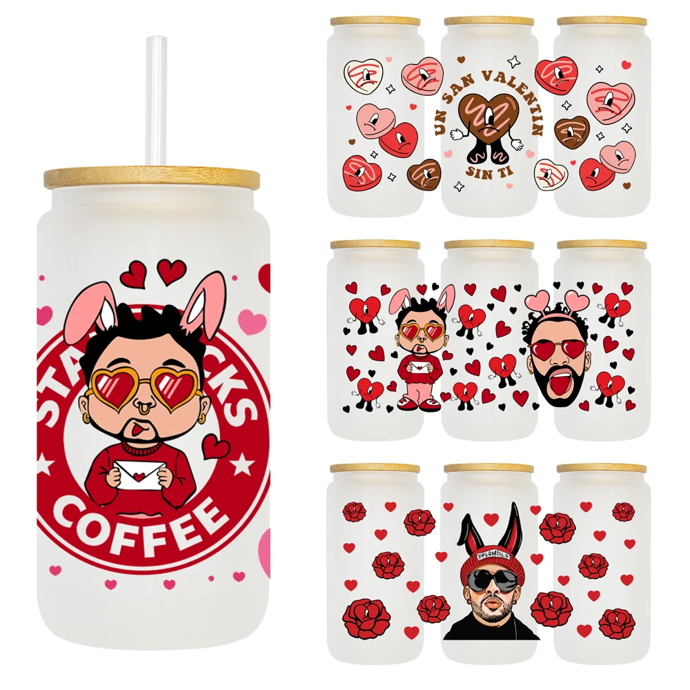 Bunny Valentines Day Hearts 16OZ UV DTF Cup Wrap Transfer Sticker Custom Labels DIY Durable Waterproof Logo For Libbey Glass Can