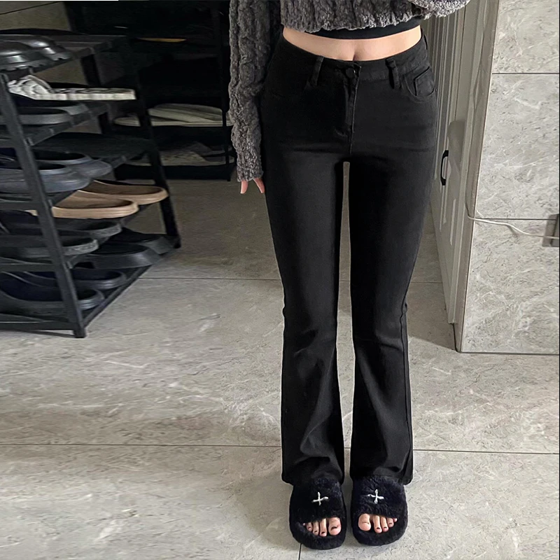 High Waist Bell Bottom Denim Jeans Women's Elastic Slimming Cotton Stretch Bootcut Trousers Coffee Color Warm Winter Jeans
