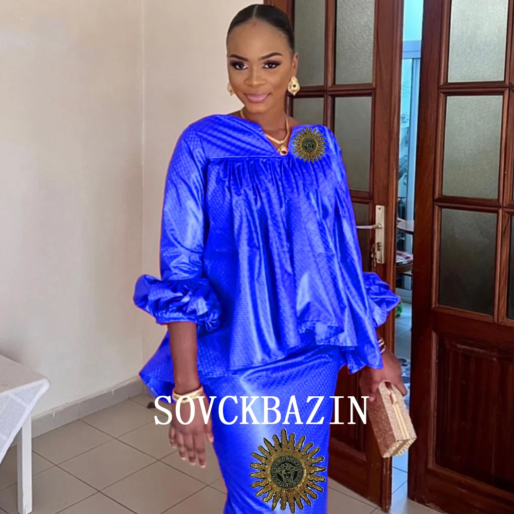 

African Royal Blue Dashiki Dresses For Women Outfits Bazin Riche Long Dress With Stones Embroidery Laces Wedding Basin Cloth