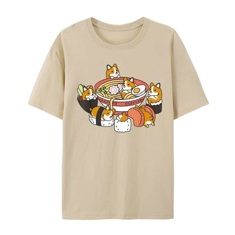 Ramen Sushi Corgi T-shirt Casual T-shirt Print Dameskleding Mode Grafische T-shirts Esthetische kleding Zomer Streetwear Y2K