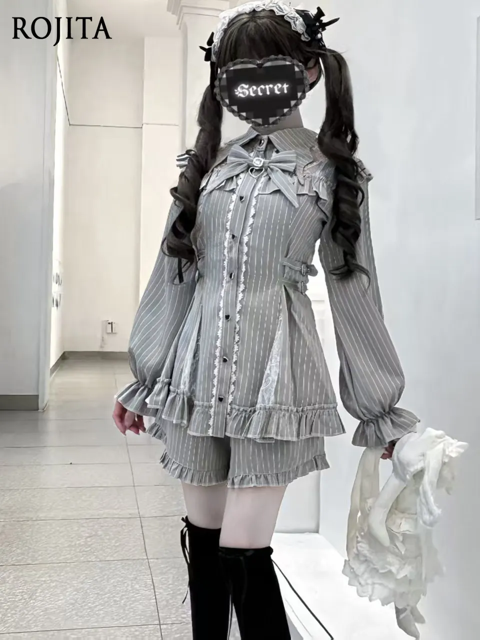 

Sweet Wind Bow Lace Long Sleeve Dress Cute Y2K Pinstripe Blouse with Ruffle Hem Grey Kawaii Button-Up Two-Piece for Women