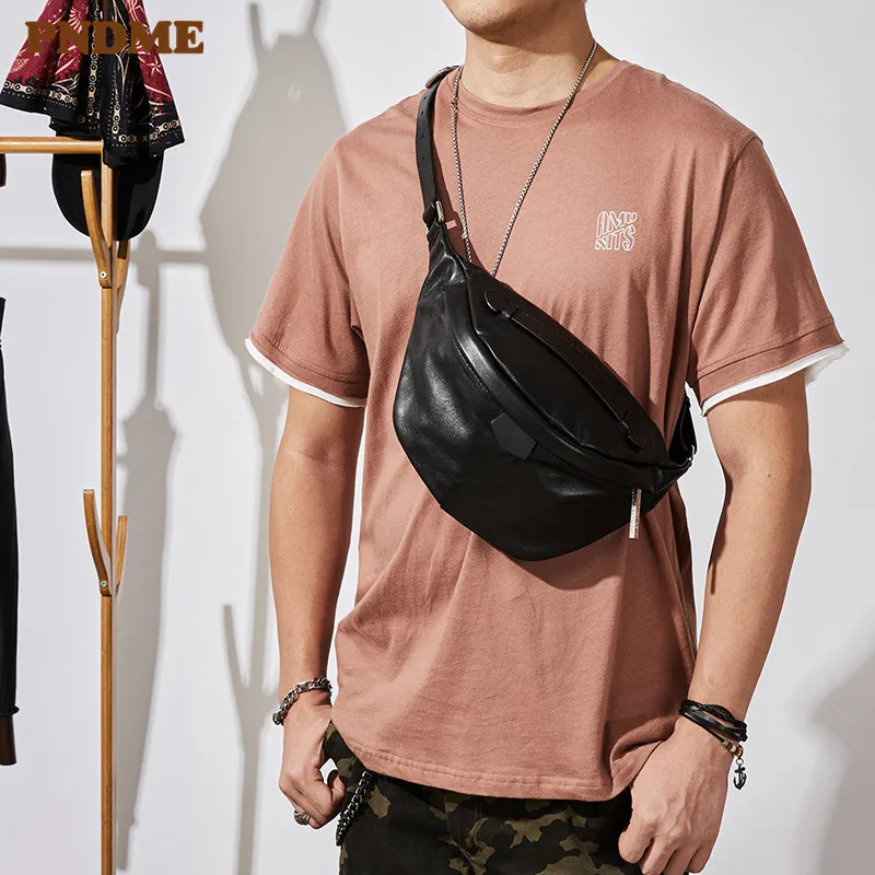 PNDME Casual Simple Natural Soft Genuine Leather Men's Black Chest Bag Fashion Cowhide Ladies Waist Pack Riding Crossbody Bags