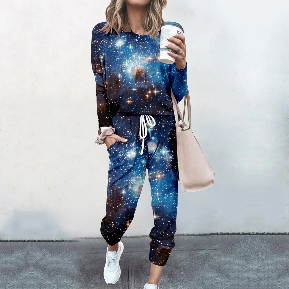 2 Pcs Women Tracksuit Autumn Sweatshirt Top Pants Suit Spring Casual Long Sleeve White Cute Cat Print Pullover Sports Outfits