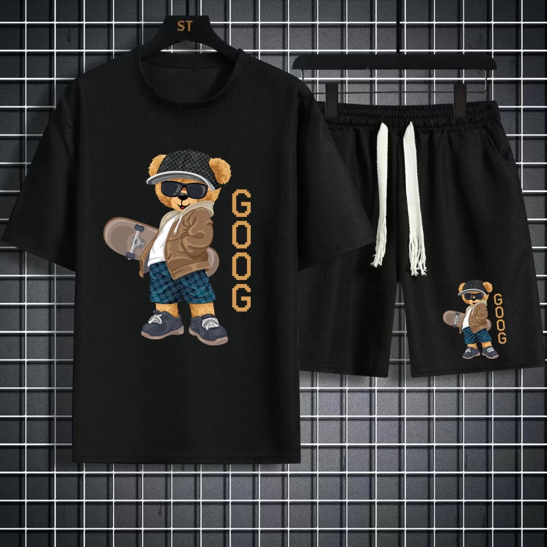 Letni dres Man Cartoon Streetwear Hip Hop Rock Casual krótki garnitur fajny niedźwiedź z nadrukiem wafle T shirty szorty 2-częściowy zestaw nowy