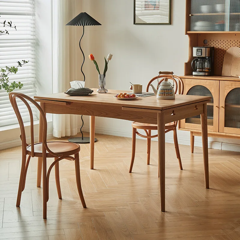 Folding dining table household small apartment solid wood rectangular retractable Nordic log Japanese cherry wood