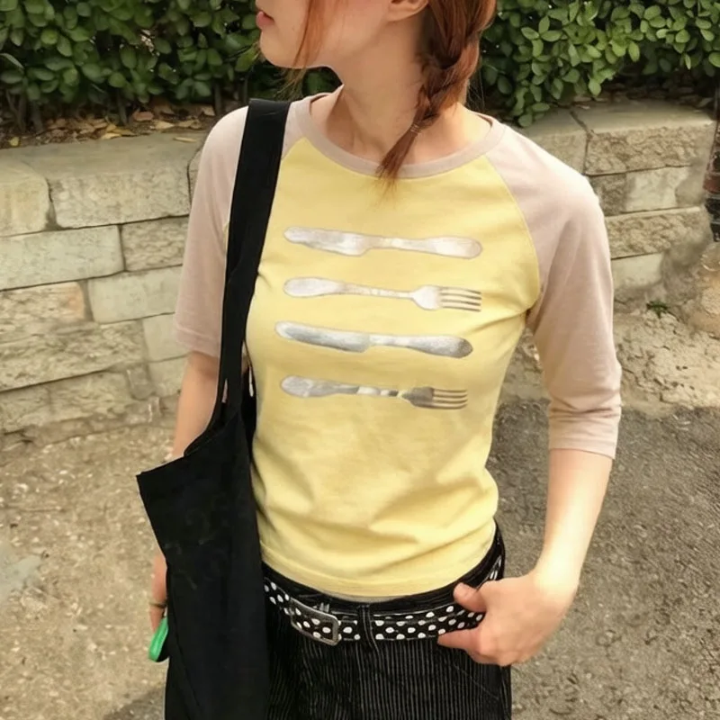 Ins Fashion Commute Women Tee Metallic Cutlery Knife Fork Print Half Sleeve Harajuku Contrast Color Slim Fit Casual Street Top