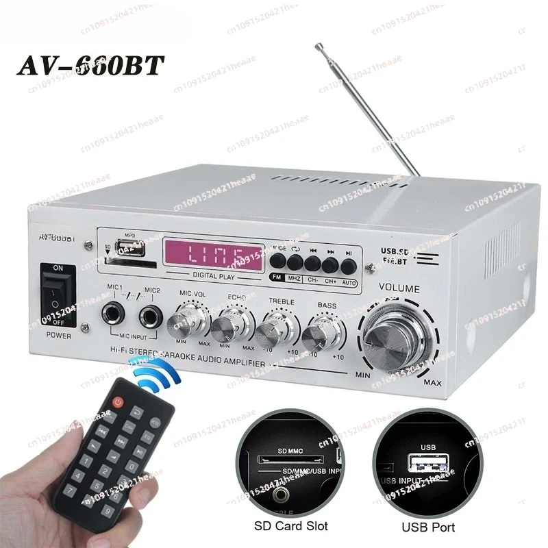 Suitable for AV-660BT Sound Amplifier CH 2.1 Power Amplifiers Home Car Meeting Theater AMP Support EQ FM USB SD Card 2 Mic input