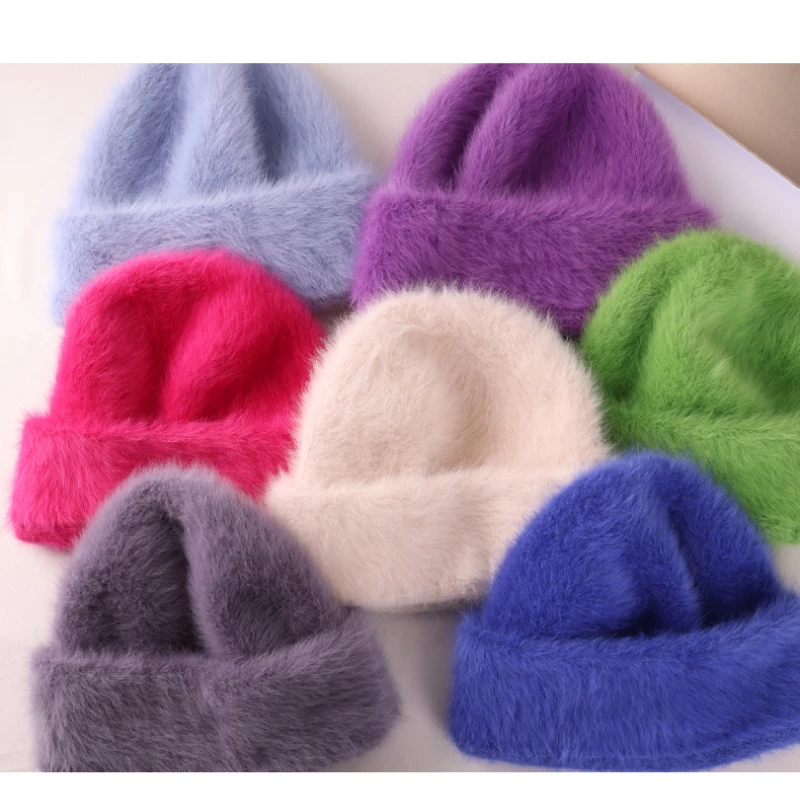 2023 Angora Flauschige Strickmütze Kaninchenfell Wintermütze für Damen Damen Mode Warmer Plüschschädel Damen Dicke Fleecemützen – Detail 23