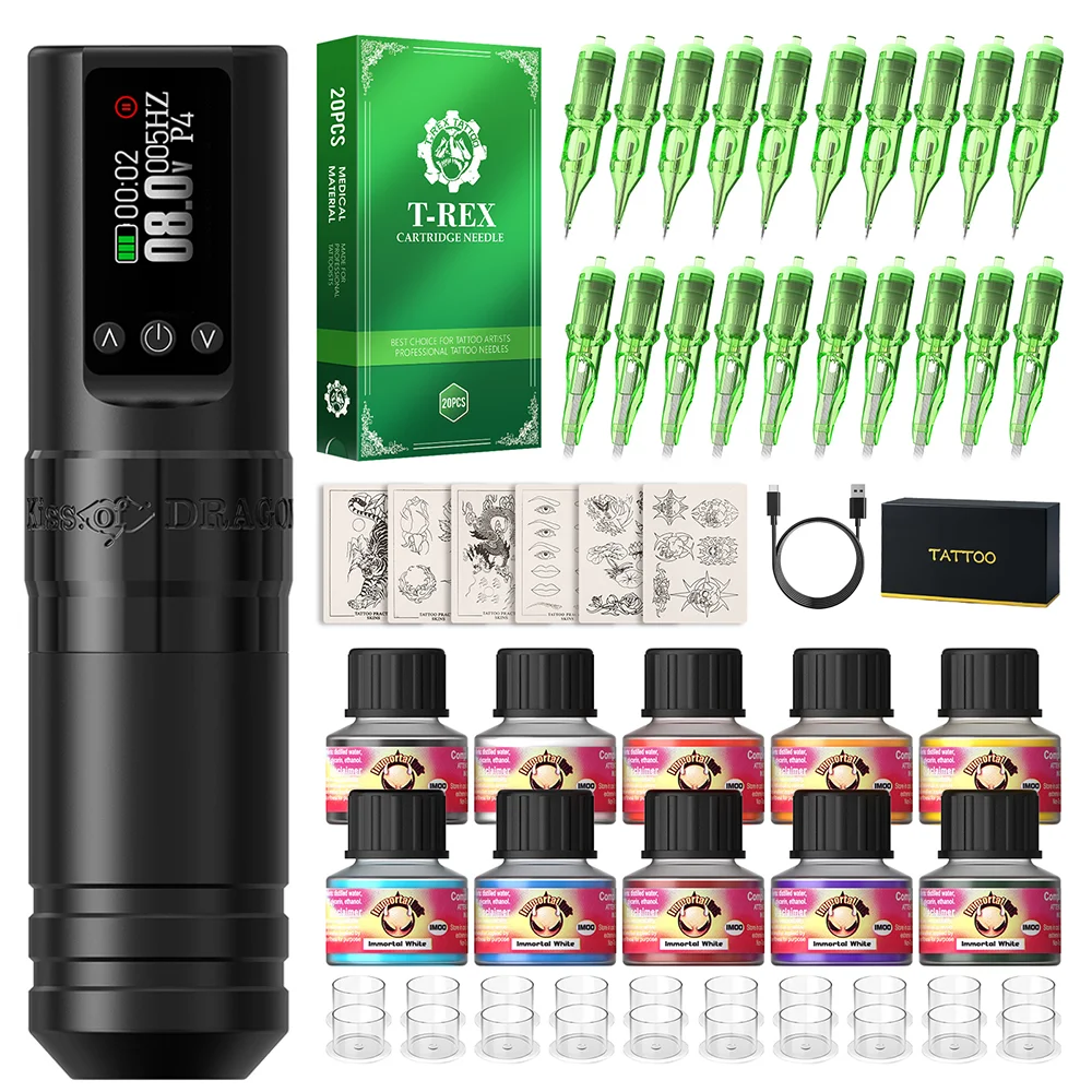 

Tattoo Kit Kiss of Dragon Wireless Tattoo Pen Full Kit 3.5mm Stroke Custom Motor 1600mAh Power Tattoo Gun Kit
