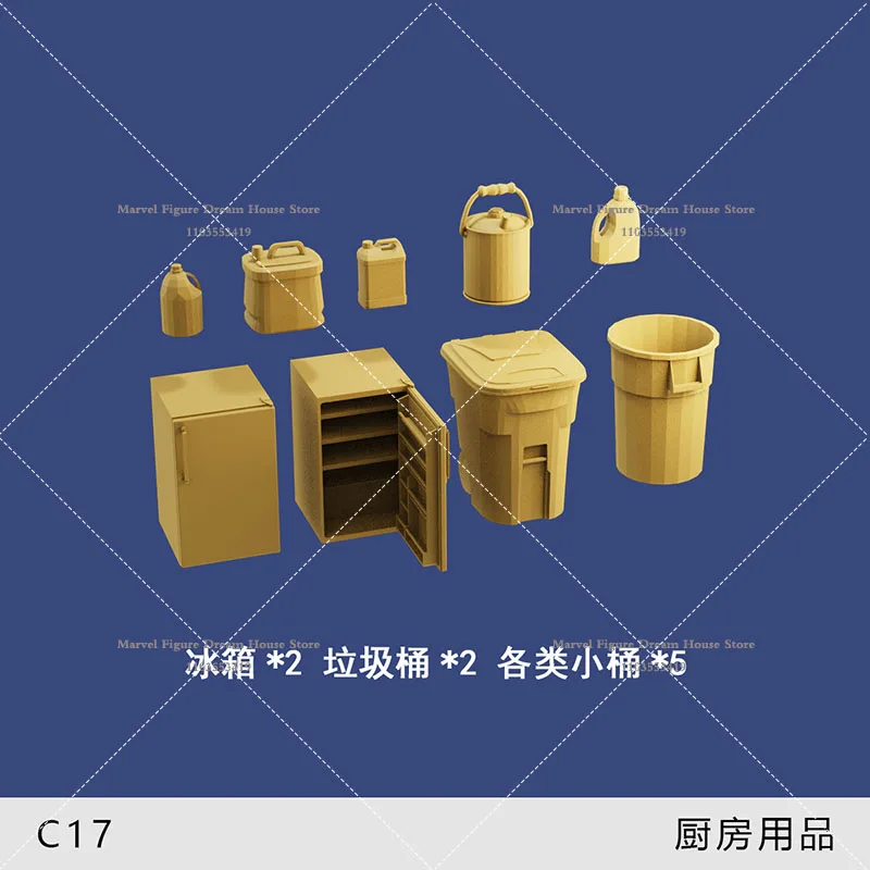 1/64 مشهد مصغر ملحق دمية نموذج أبيض غير معقولة أدوات المطبخ الثلاجة سلة المهملات نموذج صالح دقيقة عمل الشكل #5