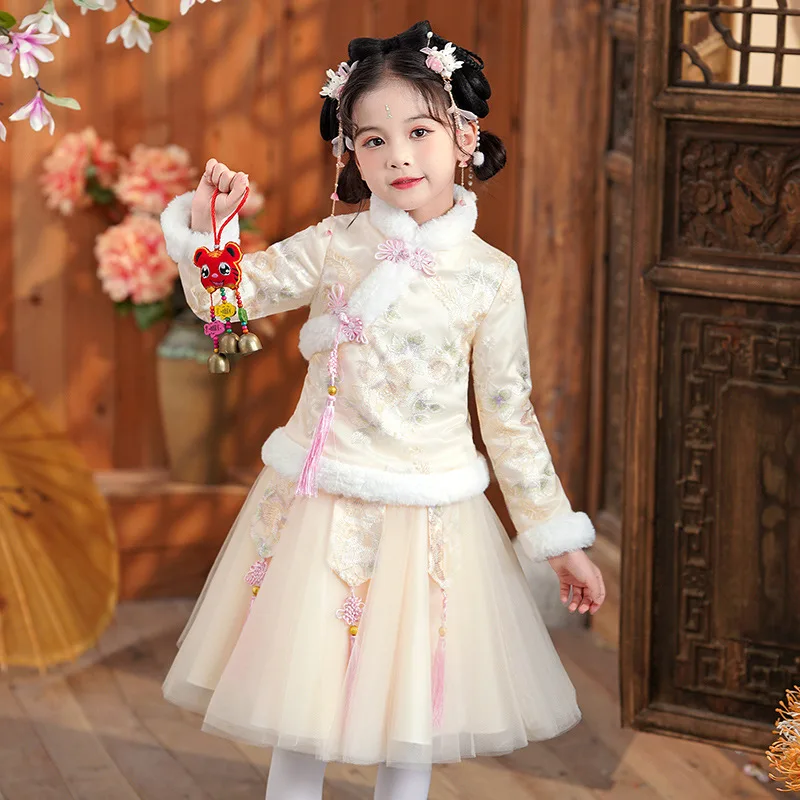 

Girls Winter New Thick Qipao Hanfu Fairy Princess Kids Dress Performance Embroidery Chinese New Year Clothing Greeting Vestido