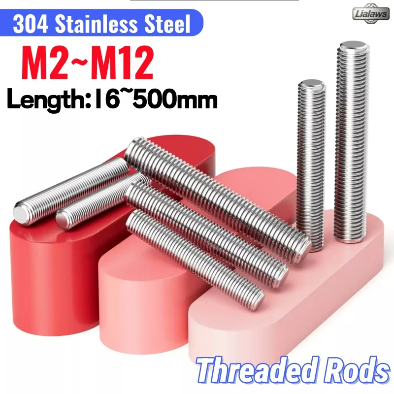 2~5Pcs Fully Threaded Rods 304 Stainless Steel Metric Headless Bolt Thread Stud Rods Screws M2 M2.5 M3 M4 M5 M6 M8 M10 M12