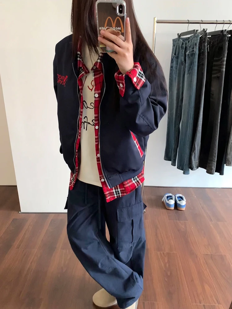 เสื้อแจ็คเก็ตผู้หญิงลายสก็อต สไตล์อเมริกัน สำหรับฤดูใบไม้ผลิและฤดูใบไม้ร่วง ทรงหลวม ผลิตจากผ้าโพลีเอสเตอร์ผสมฝ้าย