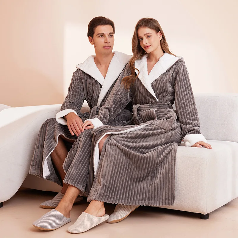 

Male Striped Flannel Robe With Hooded Thick Women Men's Bathrobe Winter Long Robe Mens Bath Robes Homewear