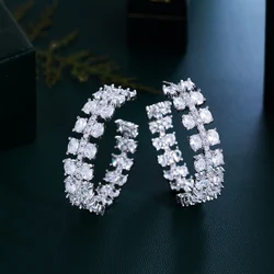 CWWZircons Double Sided Cluster Chunky Cubic Zirconia Paved Big Luxury Half Round Bridal Wedding Hoop Earrings for Women CZ707