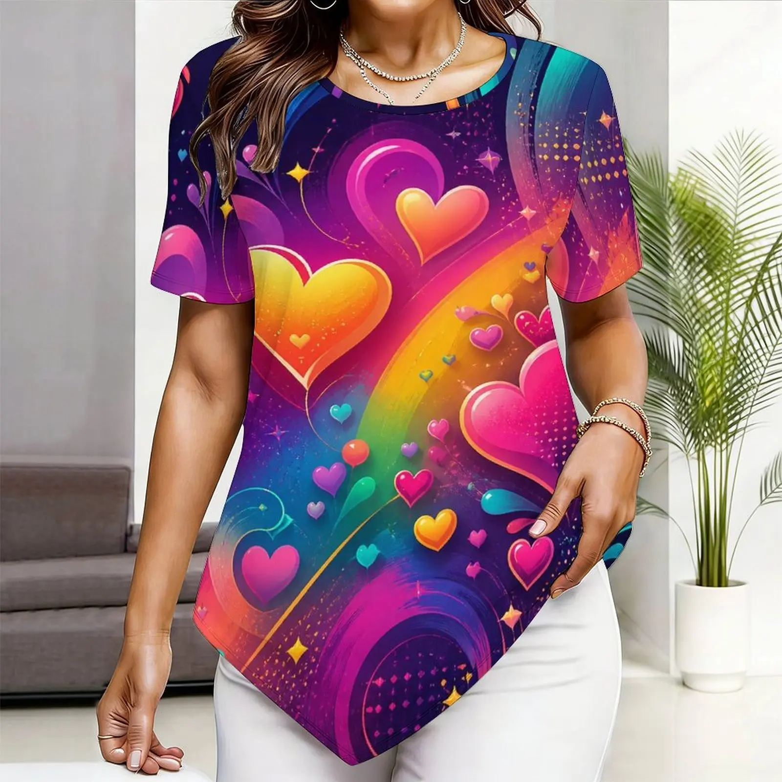 Printed Top for Women Round Neck Short Sleeve Pointed Hem