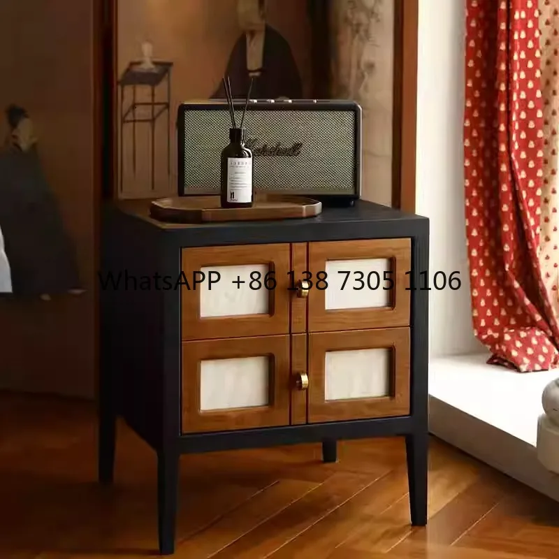 

Filina bedside table retro solid wood square French style storage cabinet small short cabinet living room home