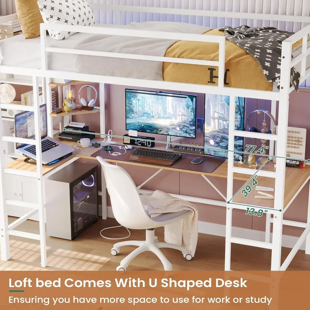 Twin Loft Bed with U Shaped Desk and Led Lights Metal Loft Bed Twin Size LED Frame with Charging Station and Storage Shelve