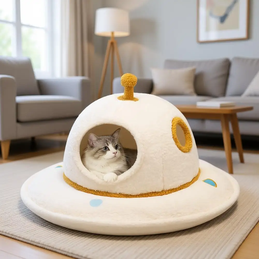 

2 in 1 Cute Cat Bed Cave with Removable Washable Cushioned Pillow, UFO Round Cozy Cat Bed Hideaway for Large Cats Up to 25 Lbs