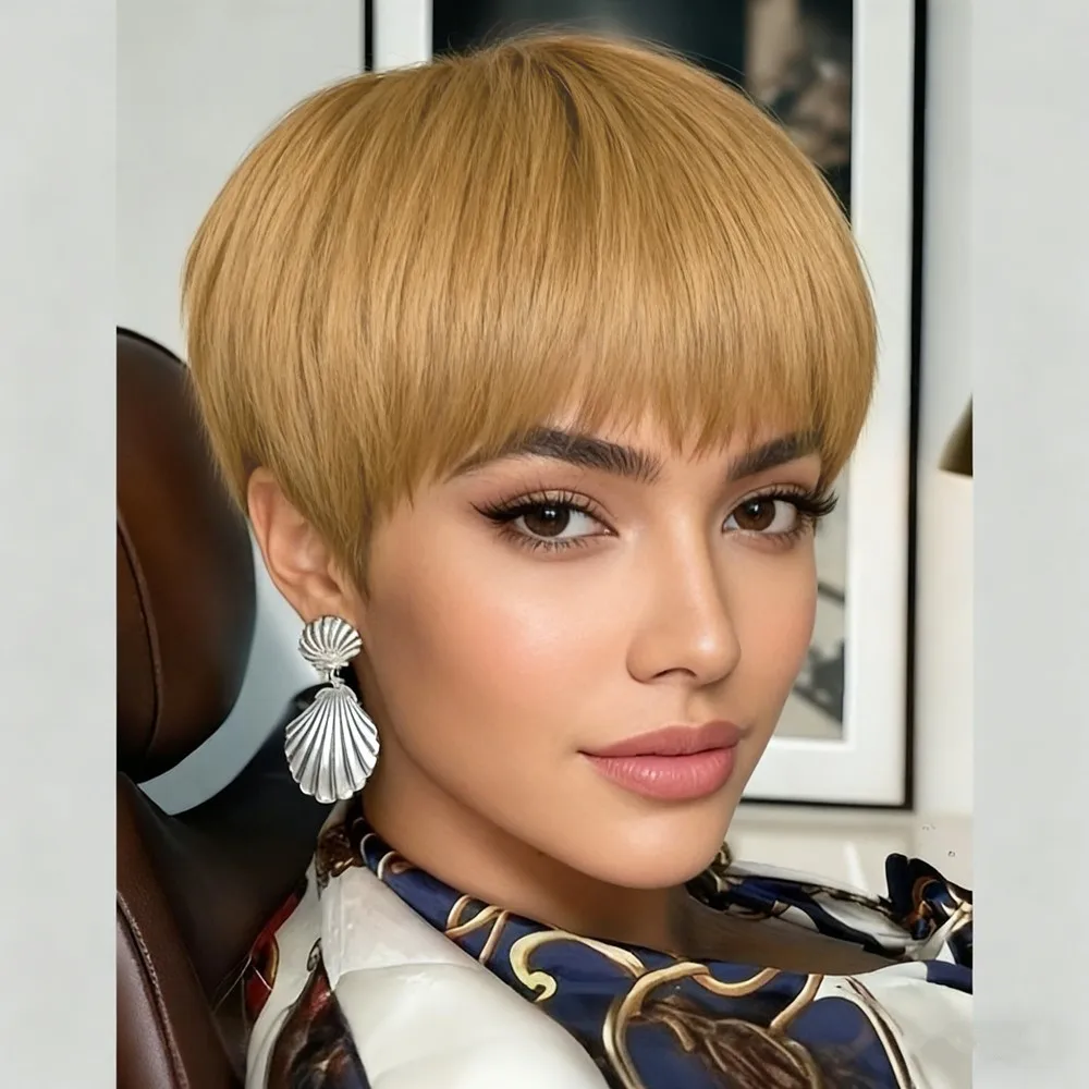 

Короткие парики из натуральных волос для ежедневного использования, натуральный вид, парик пикси, коричневый, плотность 150%, пикси, прямые машинные парики из человеческих волос для женщин