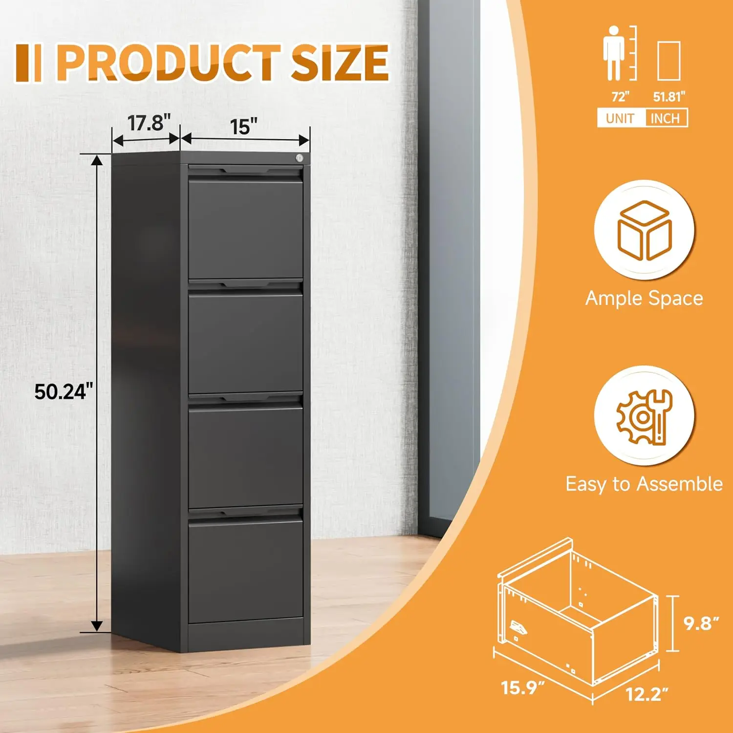 Metal Four Drawer Lockable File Cabinet Steel Printer Stand Storage Home Office Vertical Legal Letter A4 Filing Unit Assembly Ne
