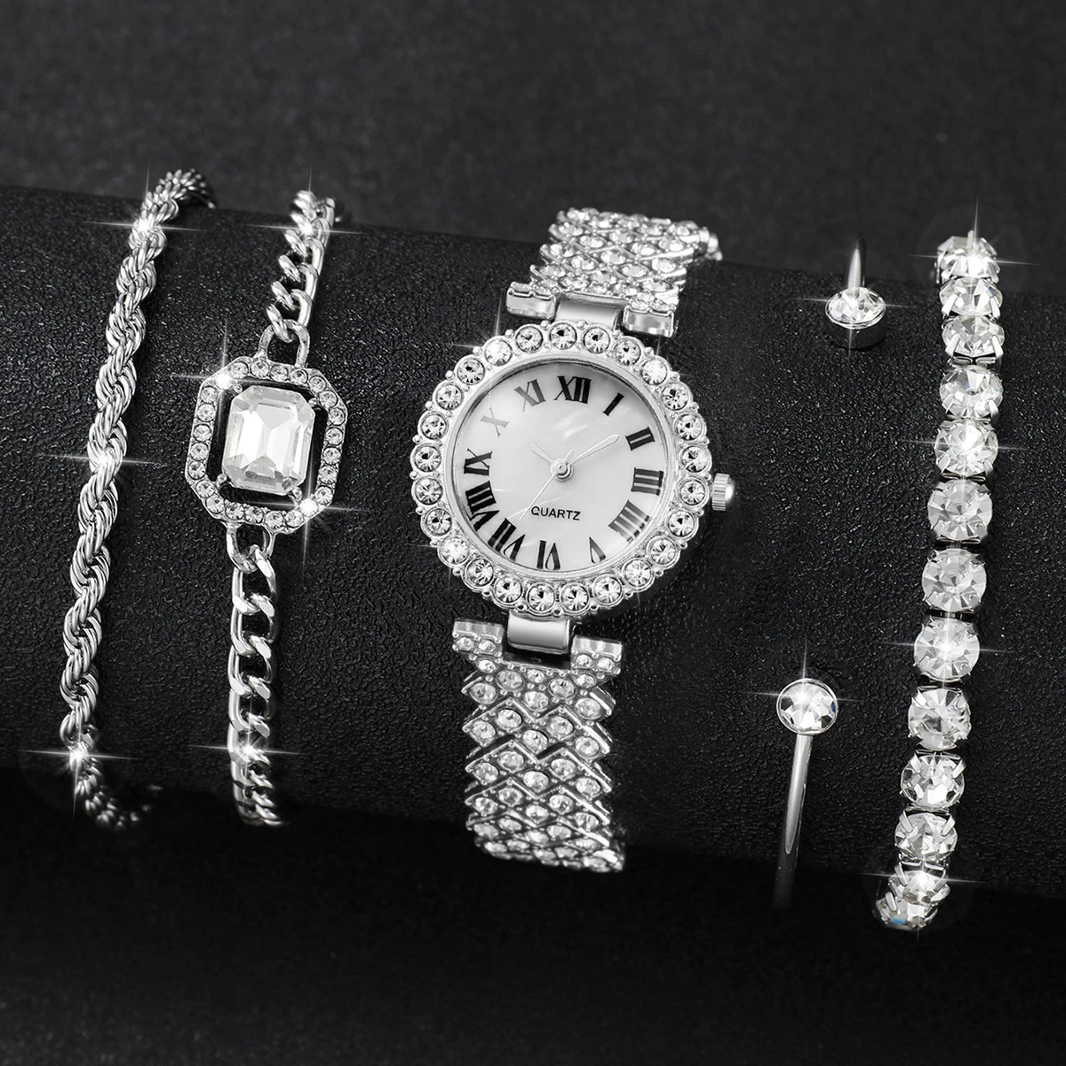 5PCS/Set Luxury Rhinestone Women Quartz Watch Fashion Roma Dial Ladies Wristwatches Bracelets Set Reloj MujerWithout Box
