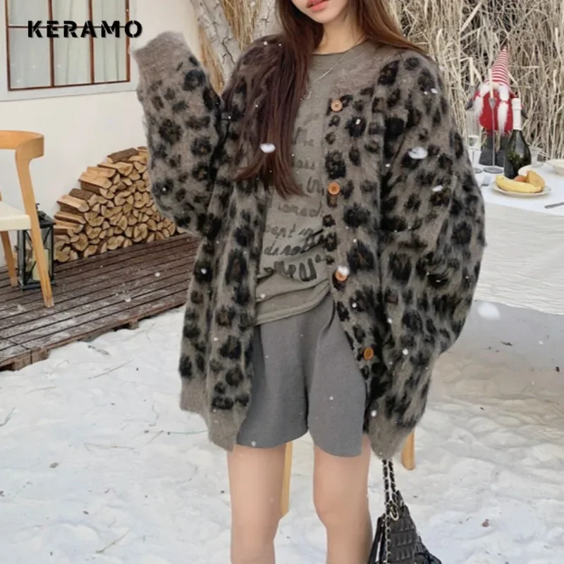 2024 Autumn Women\'s Vintage Casual Single Breasted Leopard Sweater Knitting Jumpers Long Sleeve O-neck Oversized Cardigans