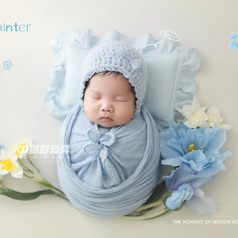Newborn Photo Props Light Blue Wrap Knit Bow Hat Ruffle Pillow 3Pcs Infant Studio Shooting Outfit Baby Wrap Photography Costume