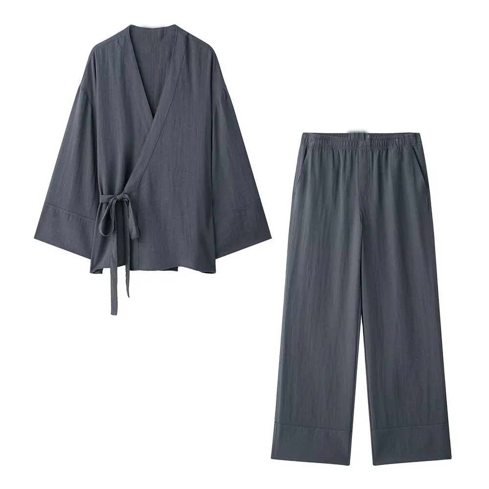 TRAF ZA Vrouwen 2025 Lente Nieuwe Mode Luie Stijl Boog Trim Kimono Losse Top Zijzak Wijde Pijpen Broek pak Broek Mujer