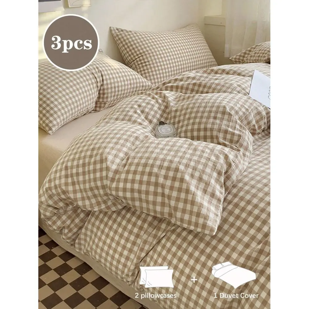 

Set Brown White Plaid Bedding Set, Soft Simple Style Suitable For Students, All Seasons, Includes Duvet Cover And Pillowcase, F