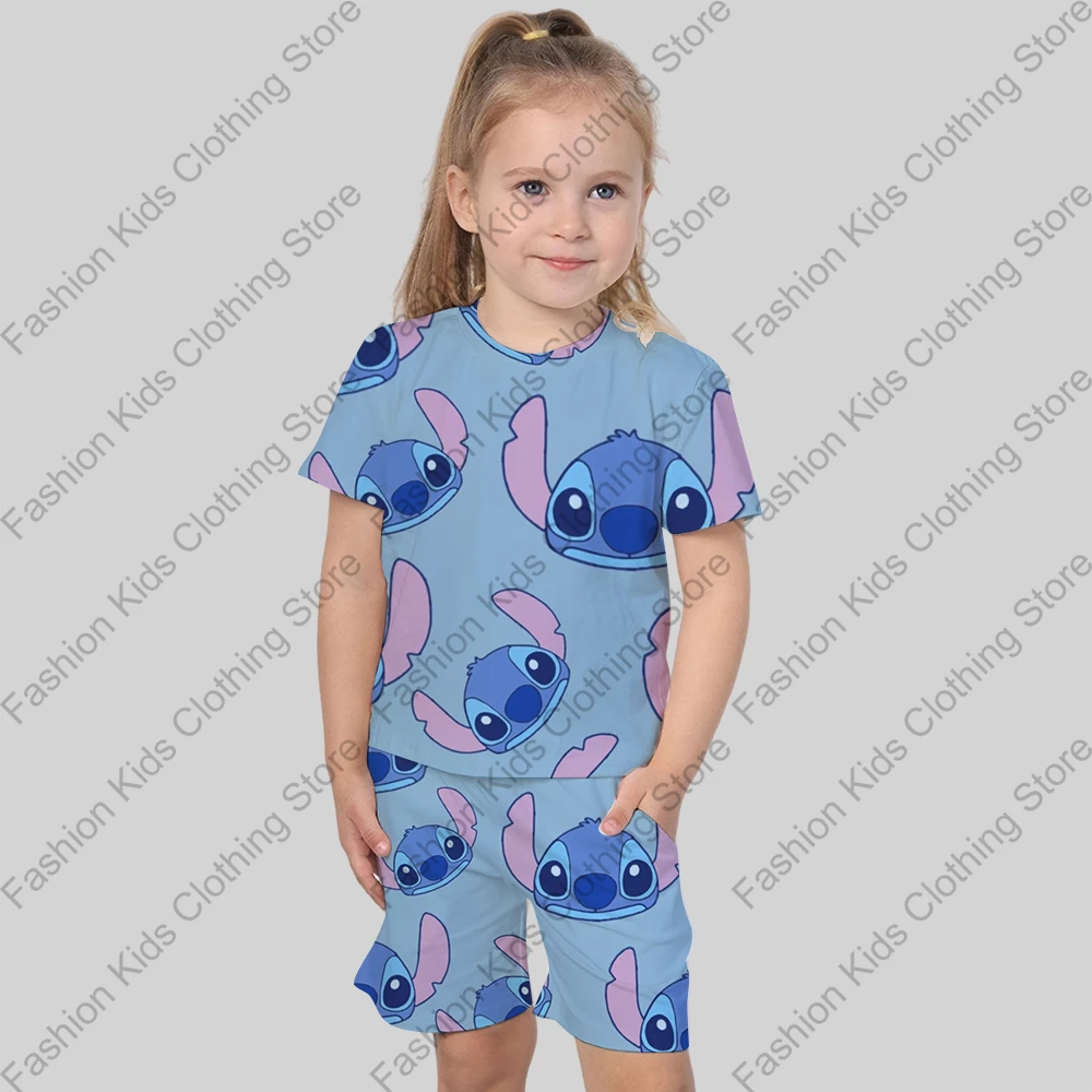 MINISO New Summer Children Clothing Sets Boy Girl Cartoon Stitch 3d Print Casual T-shirt+Shorts Set Kids Tracksuit Suit Clothing