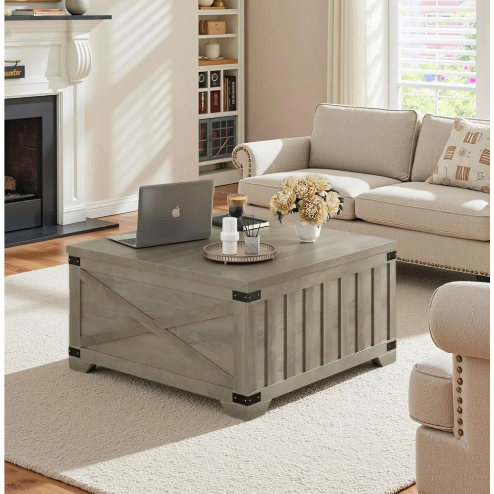 Vintage Lift-Top Coffee Table with Storage, 35.4 Square Center Vintage Wood Cocktail Table, Hinged Top for Easy Access, Rustic S