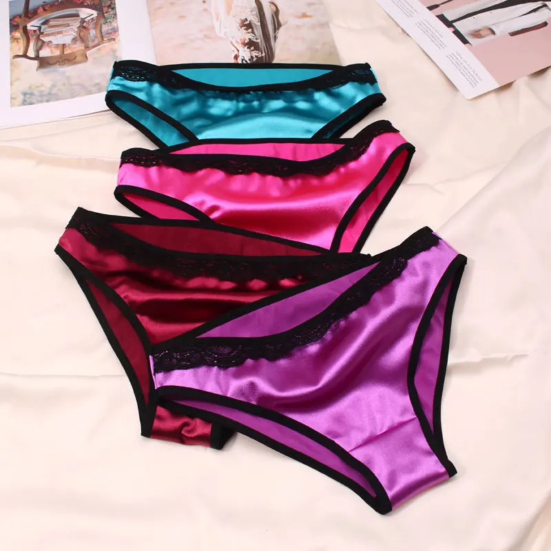 European Size Women Satin Luxury Style Low Waist Panties Lace Solid Smooth Soft Seamless Underwear High Elasticity Cute Breifs