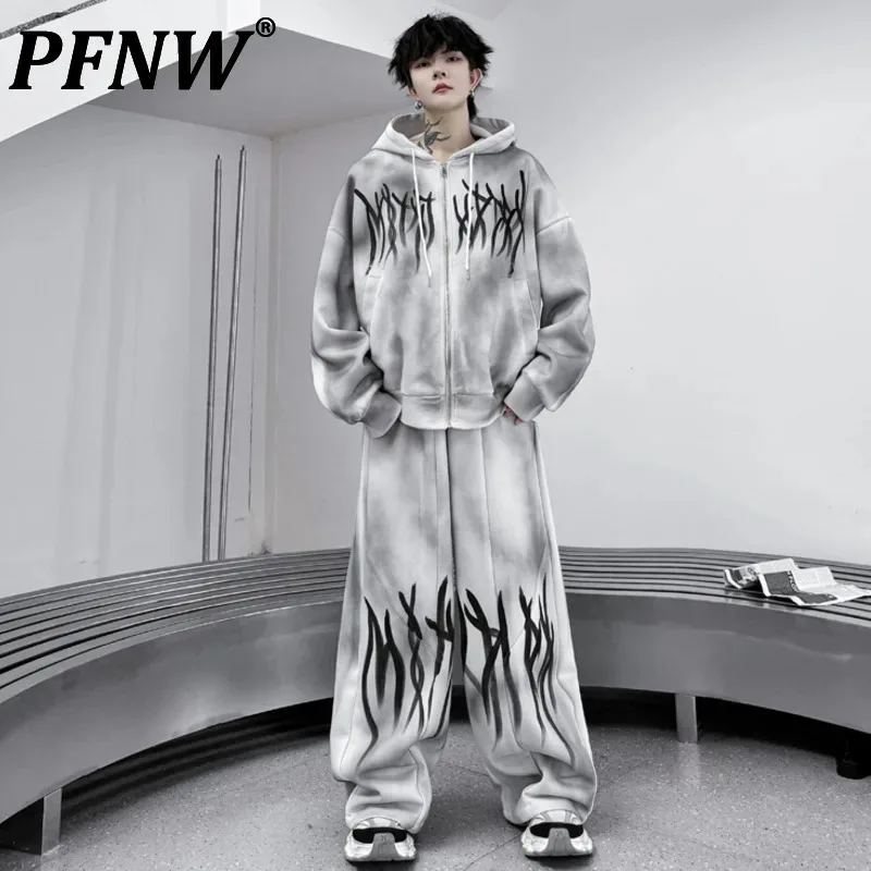 PFNW Airbrush Hand Printed Pants Set Men's Hooded Zipper Cardigan Sweatshirt + Loose Straight Trousers Casual Sets Tide 28W4530