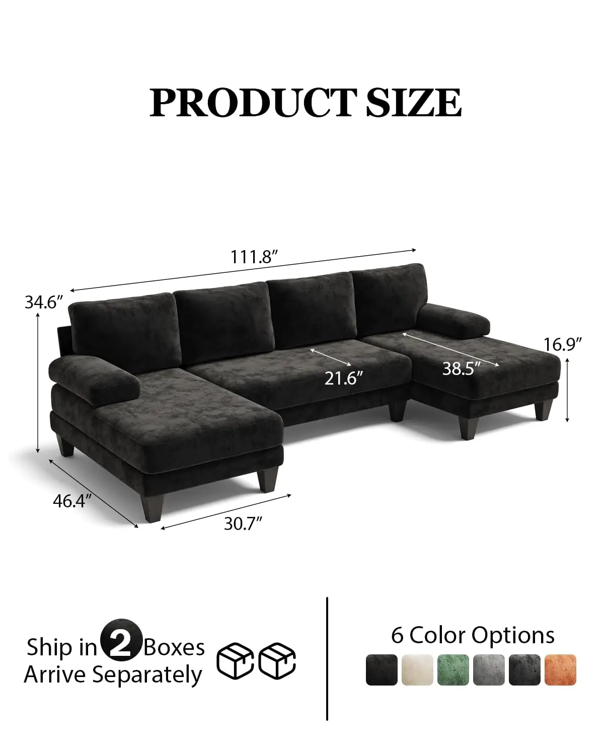 U-Shaped Sectional Sofa for Living Room 112 Inch Modern Chenille Double Chaise for Apartment Black, Customized