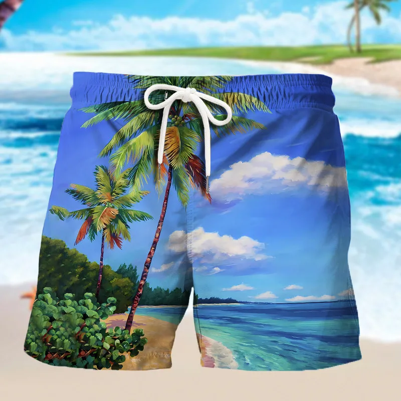 2023 Men\'s Holiday Beach Style Comfortable Casual Summer Shorts with Pull Rope and Mesh Lining Staggered Printed Men\'s Shorts