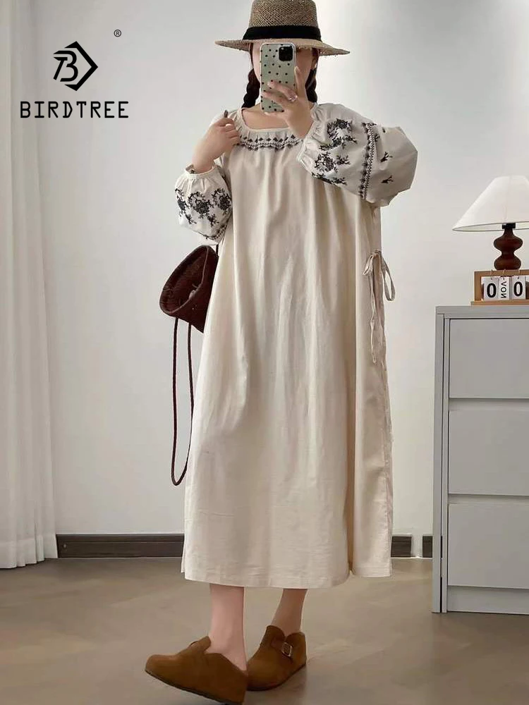 

New 2025 Winter Cotton Long Sleeve Dresses, Women O Neck Embroidery Lace-up, Mori Girl French Preppy Style Loose Dress D5D151CC