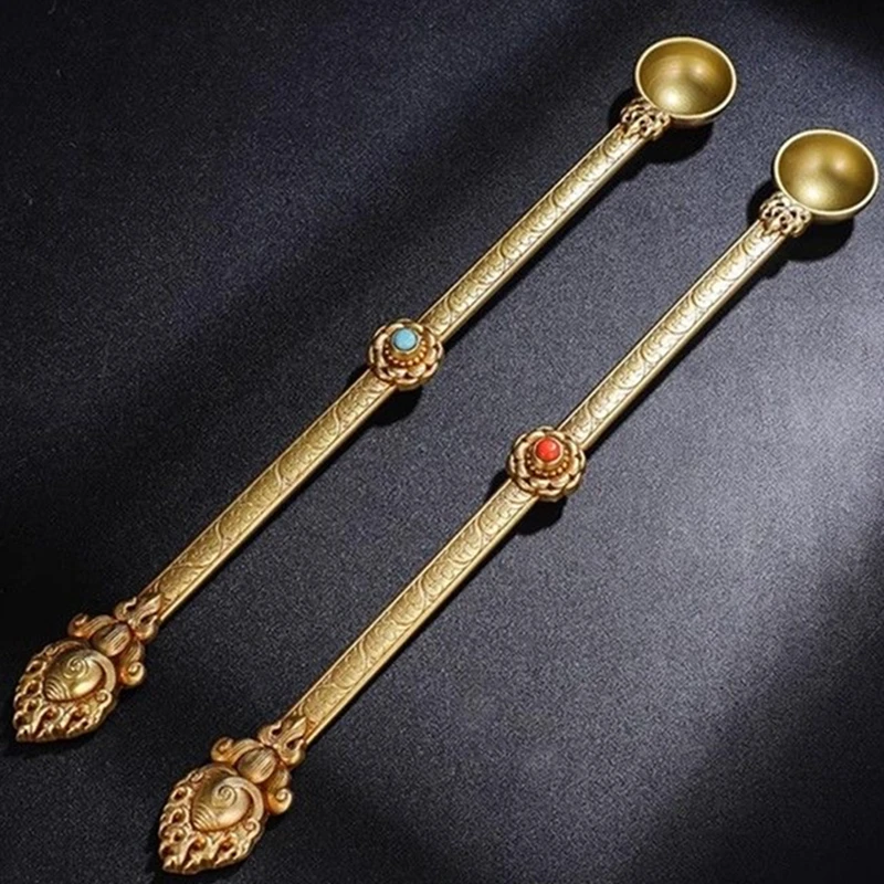 

Gold Buddhist Spoon Inlaid Gem Alloy Handicraft Tibetan Buddhism Consecrate Incense Smoke Spoon Home Gift Collection Decorative