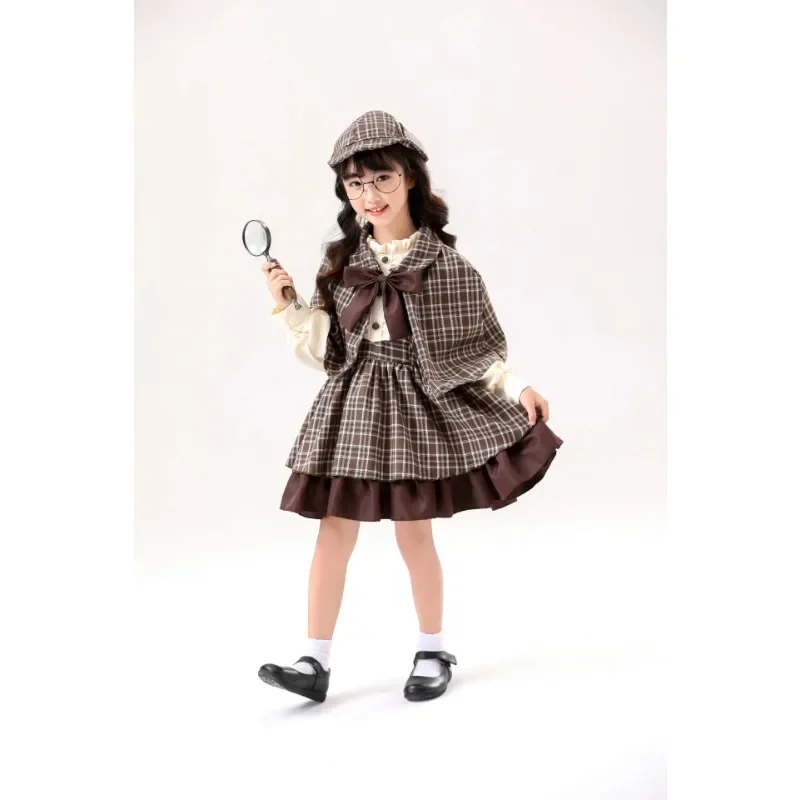 Xm-Robe de Cosplay Lolita pour Fille, Vêtements pour Enfants, Style Institut Britannique, Caseset de Détective, avec Châle