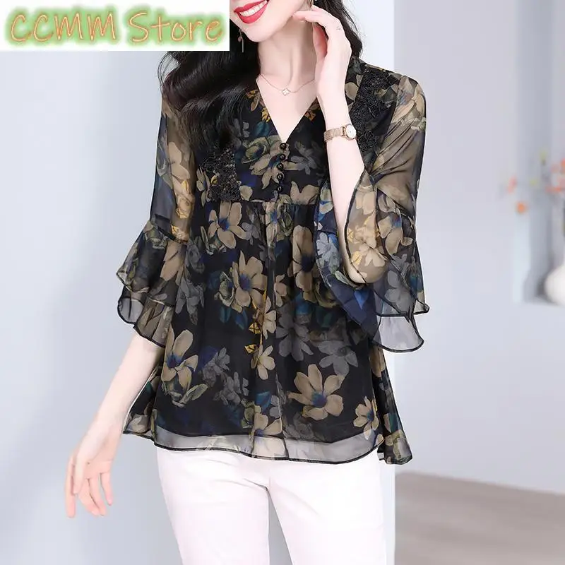 

Korean Broken Flowers Shirt Women's Clothing Chic Lace Patchwork Elegant V-Neck Summer Ruffles Half Sleeve Casual Loose Blouse