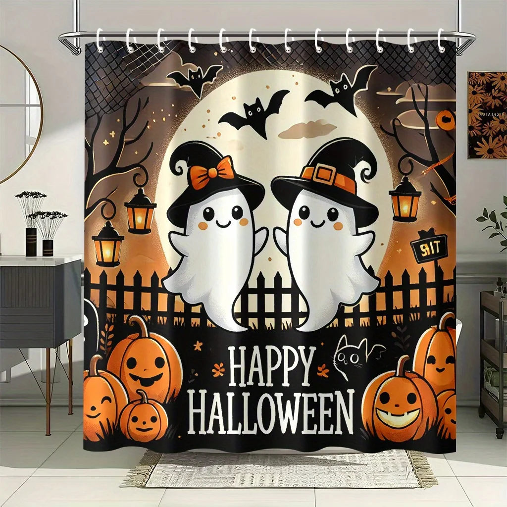 1pc, Halloween Ghosts Pumpkins Scene Printed Shower Curtain, 70x70 Inches, Includes 12 Hooks,, Easy to Clean, for Room, Home, Ho