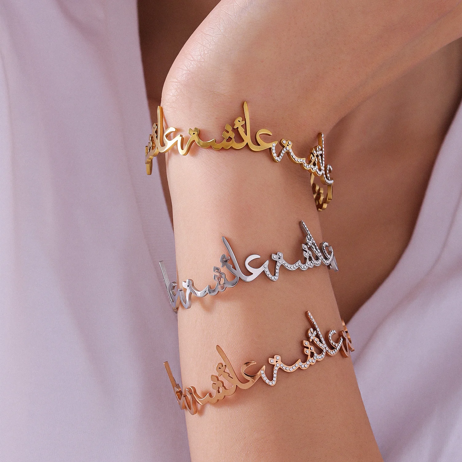 Customized Arabic Name Bracelet Personalization Name Diamond Bangle Open 18K Gold Plated Islamic Gift for Women Eid Jewelry - view 4
