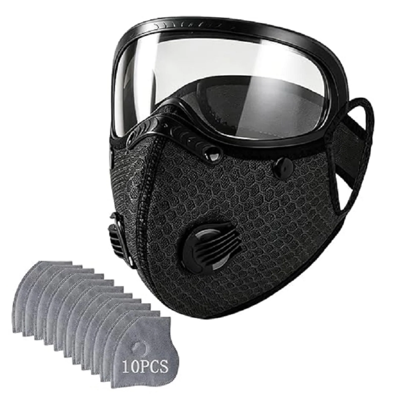 Protective Cycling Facemask with Adjustable Goggles & 10Pcs Filter Breathing Valve Riding Masks Dustproof for Woodworking