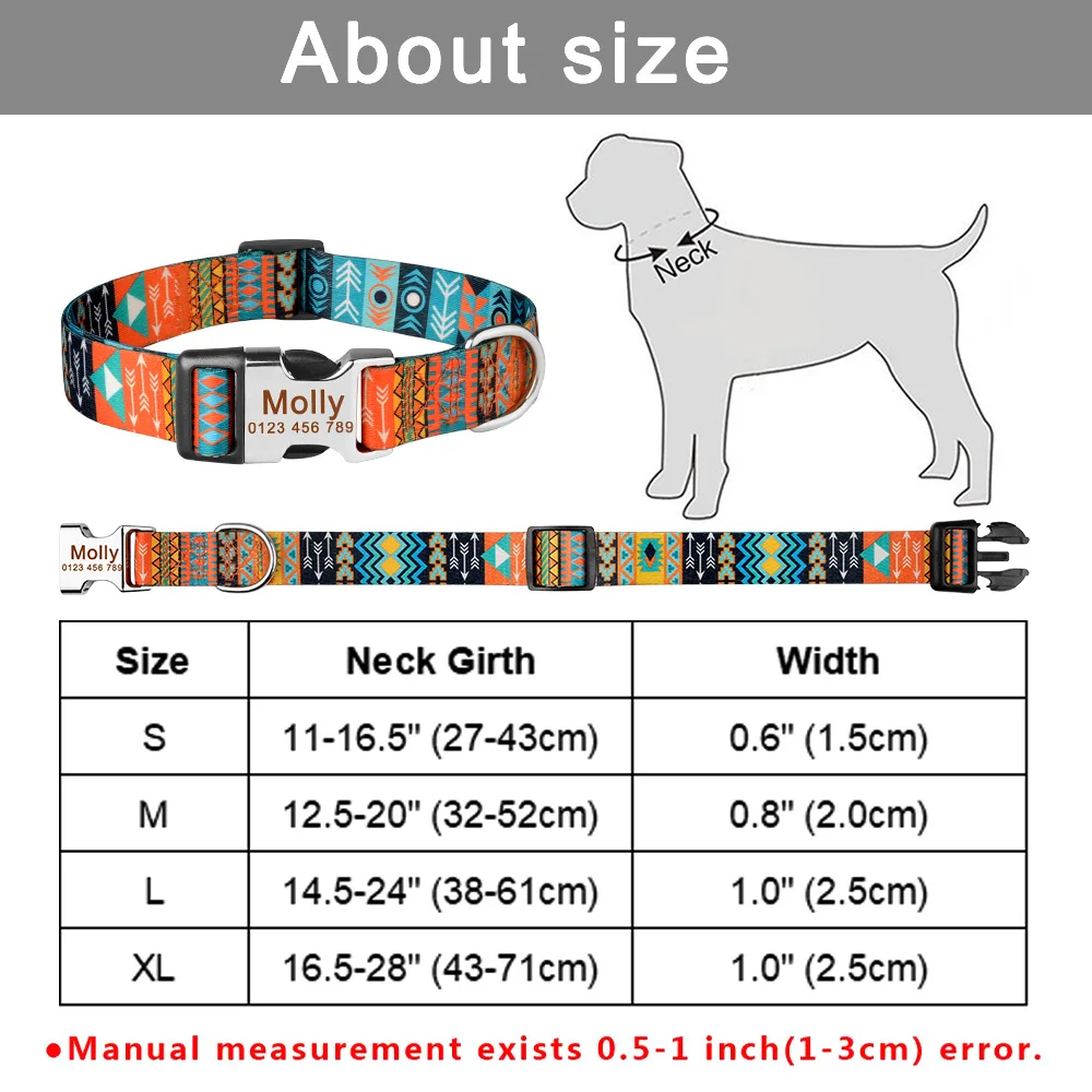 Collar de nailon ajustable con nombre personalizado, placa de identificación impresa, para perros pequeños, grandes y medianos, grabado