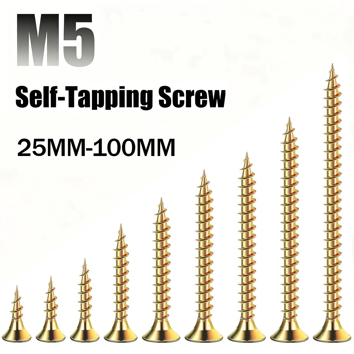 100Pcs M5 Countersunk Flat Head Cross Self Tapping Screws,Yellow Zinc Plated Carbon Steel For Wood 9 Sizes 25 to 100mm,Screws